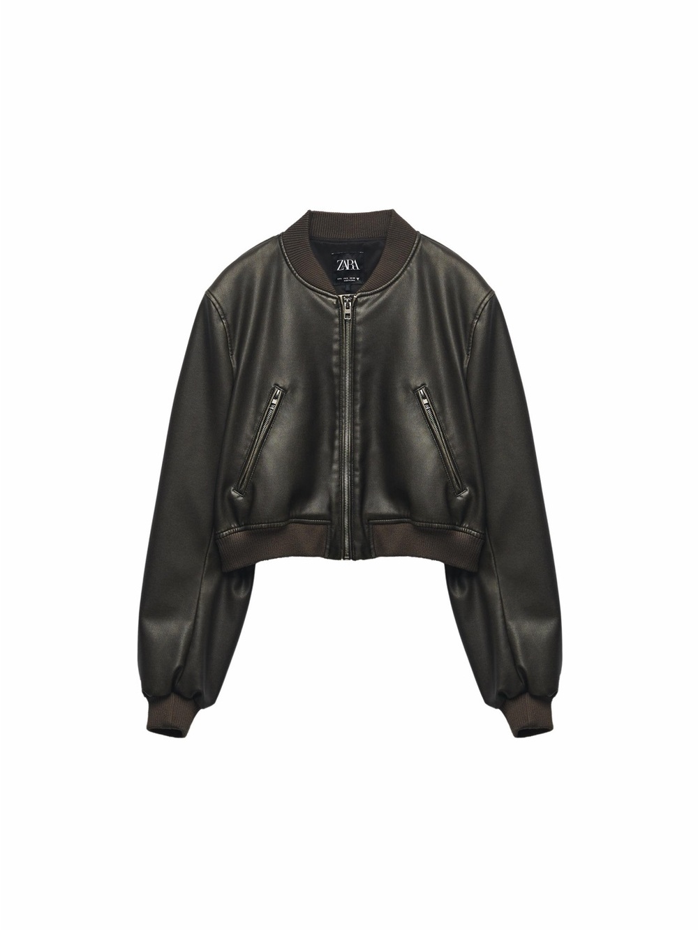 Zara Dark Brown Cropped Faux-Leather Bomber Jacket